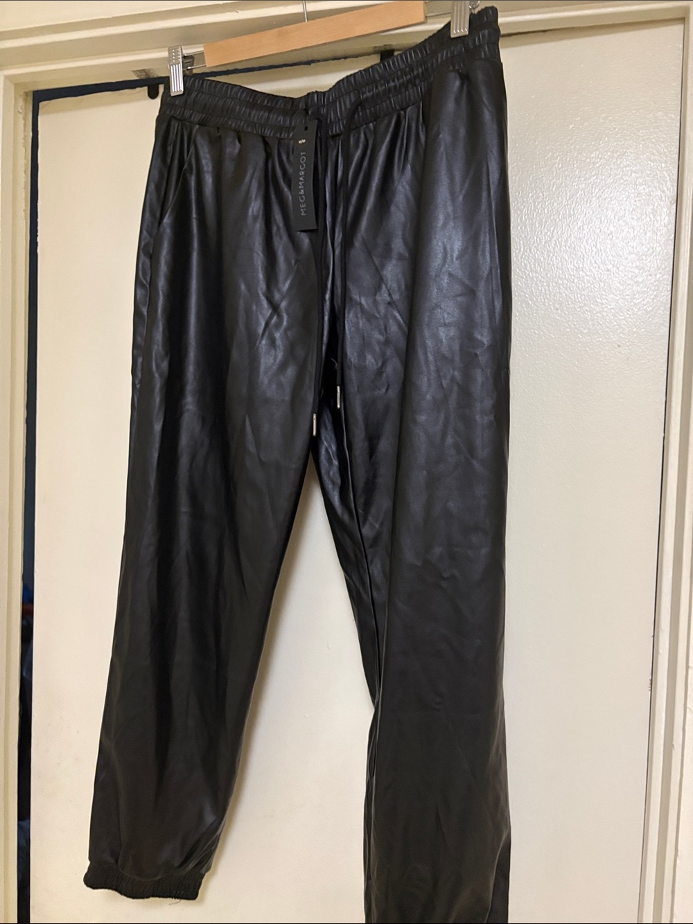 margot Black Faux Leather Joggers with Drawstring
